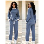 Fall Winter Thick  2-Piece Set, Crew Neck Long Sleeve Top Matched With Drawstring Jogger Pants. Soft Skin-Friendly Fabric