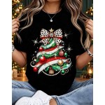 Christmas Women Graphic Tee, Loose Fit Black T Shirts, Leopard Bow Christmas Tree Print Casual Holiday Cute Tops For Women