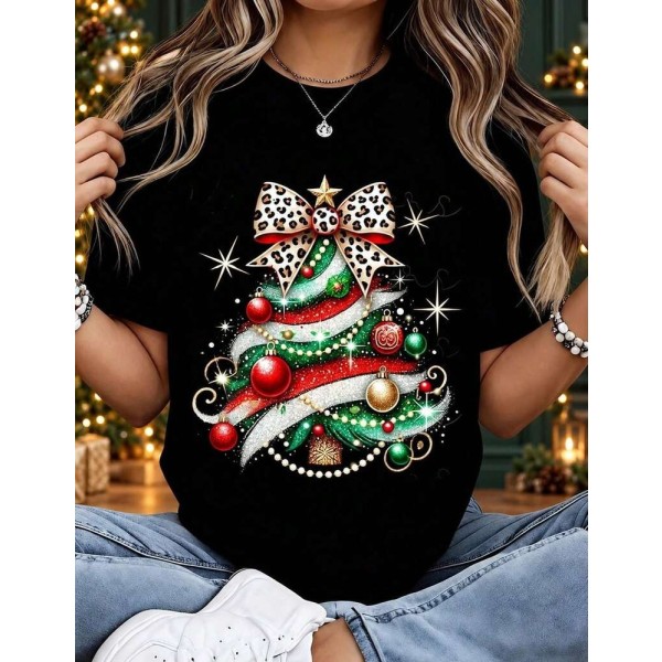 Christmas Women Graphic Tee, Loose Fit Black T Shirts, Leopard Bow Christmas Tree Print Casual Holiday Cute Tops For Women