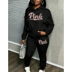 Womens Y2K Letter GraphicPrint Set, Casual Hooded Sweatshirt & Sweatpant,Fall Clothes For Women,Pant Suit Set Women,Conjunto De Dos Piezas Mujer