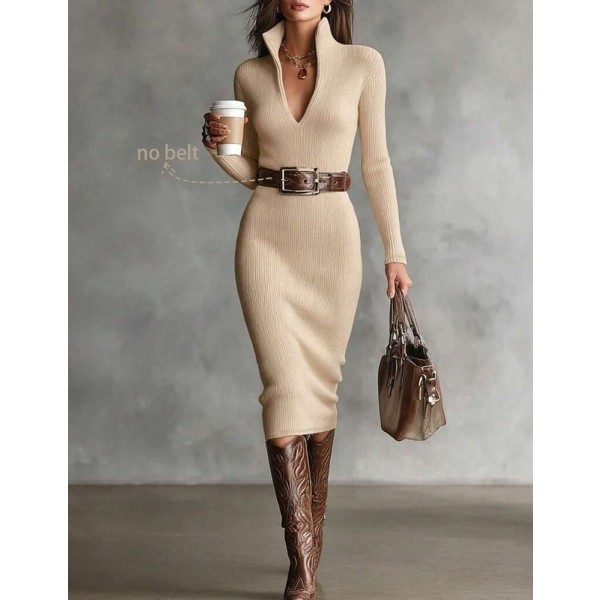 2026 New Turn Collar Knit Sweater Dress V-Neck Ribbed Mid-Length Bodycon Dress Elegant Pullover Dress Winter Dress Casual Western Style Autumn/Winter Outfit Date Commute High Elast
