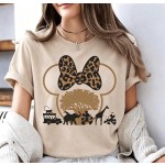Disney Animal Kingdom Leopard Bow Minnie Outline Graphic Tee, Safari Tree Wildlife Silhouette Crew Neck Womens Top