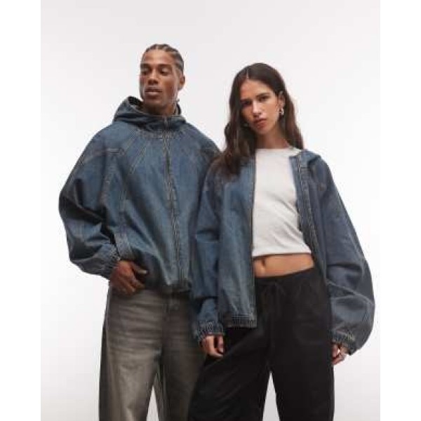 COLLUSION unisex oversized hooded denim jacket in grunge wash