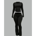 INAWLY Solva Women's Solid Color Long Sleeve Top And Long Pants 2 Pieces Set