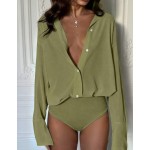 TaskSense Glossy Premium Draped Women's Casual Daily Commute Versatile Collared Long Sleeve Bodysuit
