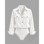 TaskSense Glossy Premium Draped Women's Casual Daily Commute Versatile Collared Long Sleeve Bodysuit