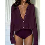 TaskSense Glossy Premium Draped Women's Casual Daily Commute Versatile Collared Long Sleeve Bodysuit