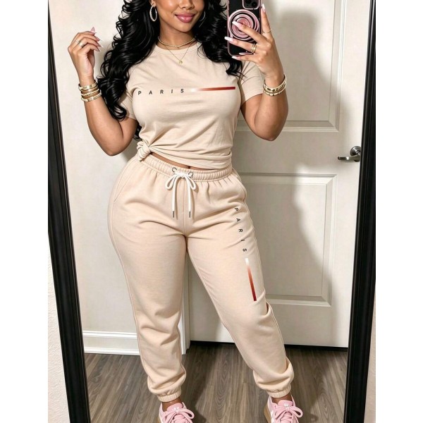 Paris Casual Women's T-Shirt With Paris Letters, Paired With Sports Pants, Featuring Pockets And Elastic Waistband. Fall Clothing, Two-Piece Set.