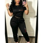 Paris Casual Women's T-Shirt With Paris Letters, Paired With Sports Pants, Featuring Pockets And Elastic Waistband. Fall Clothing, Two-Piece Set.