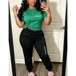 Paris Casual Women's T-Shirt With Paris Letters, Paired With Sports Pants, Featuring Pockets And Elastic Waistband. Fall Clothing, Two-Piece Set.