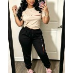 Paris Casual Women's T-Shirt With Paris Letters, Paired With Sports Pants, Featuring Pockets And Elastic Waistband. Fall Clothing, Two-Piece Set.