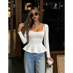 Fashion Women's Long Sleeve Square Neck Knit Top, Regular Length Ruffle Hem Blouse