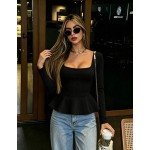 Fashion Women's Long Sleeve Square Neck Knit Top, Regular Length Ruffle Hem Blouse
