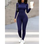 INAWLY Solva Women Solid Color Long Sleeve Casual T-Shirt And Matching Skinny Jumpsuit, Autumn Fall Cloth For Women