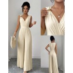 Elenzga Women's Spring/Summer Elegant Commuter Yellow V-Neck Sleeveless Metal Buckle Pleated Waist Cinched Ruched Design Fitted Slim Jumpsuit