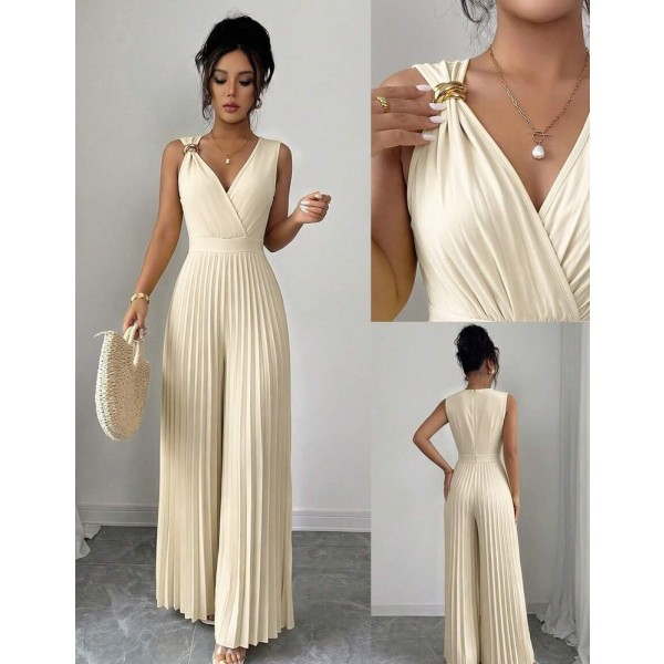 Elenzga Women's Spring/Summer Elegant Commuter Yellow V-Neck Sleeveless Metal Buckle Pleated Waist Cinched Ruched Design Fitted Slim Jumpsuit