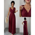 Elenzga Women's Spring/Summer Elegant Commuter Yellow V-Neck Sleeveless Metal Buckle Pleated Waist Cinched Ruched Design Fitted Slim Jumpsuit
