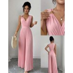 Elenzga Women's Spring/Summer Elegant Commuter Yellow V-Neck Sleeveless Metal Buckle Pleated Waist Cinched Ruched Design Fitted Slim Jumpsuit