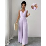 Elenzga Women's Spring/Summer Elegant Commuter Yellow V-Neck Sleeveless Metal Buckle Pleated Waist Cinched Ruched Design Fitted Slim Jumpsuit