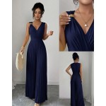 Elenzga Women's Spring/Summer Elegant Commuter Yellow V-Neck Sleeveless Metal Buckle Pleated Waist Cinched Ruched Design Fitted Slim Jumpsuit