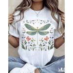 1pc Women' Dragonfly Floral Print White TShirt Crew Neck Casual Cotton Tee Medium Stretch Knit Fabric Regular Fit For Female Ladies For //