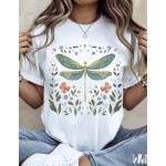 1pc Women' Dragonfly Floral Print White TShirt Crew Neck Casual Cotton Tee Medium Stretch Knit Fabric Regular Fit For Female Ladies For //