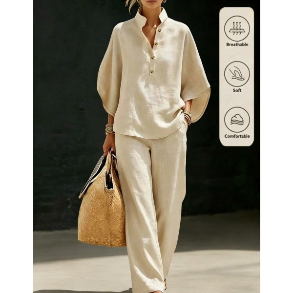 SHEIN Franclia 2pcs Apricot Vacation Set, Top And Wide-Leg Pants, Women's Countryside Style Elegant Outfit, Summer Holiday Beach Wear