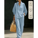 SHEIN Franclia 2pcs Apricot Vacation Set, Top And Wide-Leg Pants, Women's Countryside Style Elegant Outfit, Summer Holiday Beach Wear
