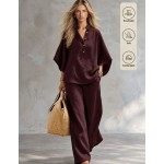SHEIN Franclia 2pcs Apricot Vacation Set, Top And Wide-Leg Pants, Women's Countryside Style Elegant Outfit, Summer Holiday Beach Wear