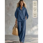 SHEIN Franclia 2pcs Apricot Vacation Set, Top And Wide-Leg Pants, Women's Countryside Style Elegant Outfit, Summer Holiday Beach Wear