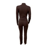 Autumn/Winter European And American Style Women's Fashion Zip-Up Cardigan, Fitted Top And Loose Wide-Leg Pants Set Spring Elegant Summer Brown