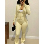 Autumn/Winter European And American Style Women's Fashion Zip-Up Cardigan, Fitted Top And Loose Wide-Leg Pants Set Spring Elegant Summer Brown