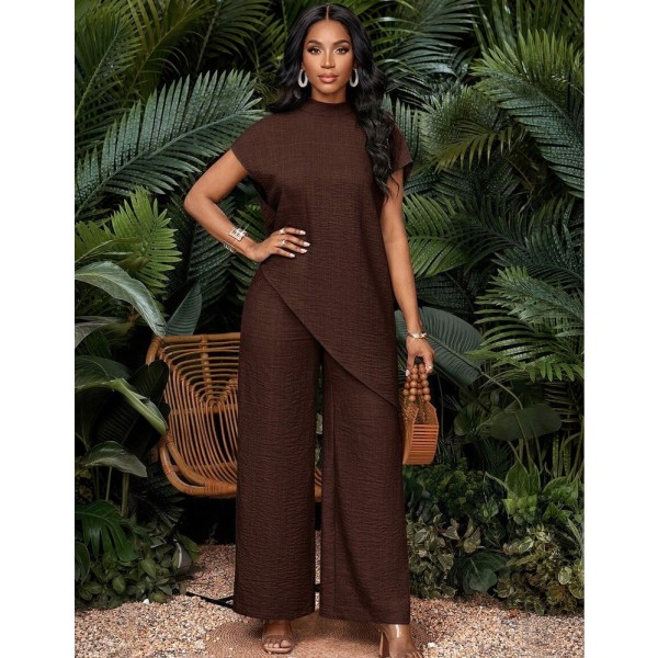 SHEIN Lady Women's Dark Brown 2 Pieces Set Minimalist Short Sleeve Top And Pants,Elegant Summer Vacation Holiday Outfits,Business Casual Office Work Clothes,2025