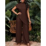 SHEIN Lady Women's Dark Brown 2 Pieces Set Minimalist Short Sleeve Top And Pants,Elegant Summer Vacation Holiday Outfits,Business Casual Office Work Clothes,2025