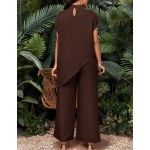 SHEIN Lady Women's Dark Brown 2 Pieces Set Minimalist Short Sleeve Top And Pants,Elegant Summer Vacation Holiday Outfits,Business Casual Office Work Clothes,2025