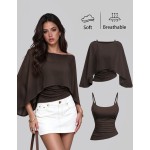 Sweetra 2 Pieces Chiffon Cape Set With Boat Neck, Flowy Outer Layer And Elastic Ruched Waist Cami Inner, Elegant Beige Outfit For Office Commute, Casual Wear And Dating