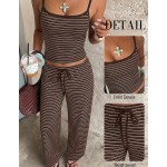 Aloruh Women's Casual Y2k Tropical Brown Striped Stripe Camisole Top And Drawstring Waist Long Pants Sexy Set Vacation Lounge Summer Beach