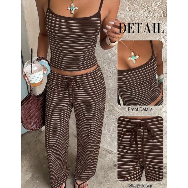 Aloruh Women's Casual Y2k Tropical Brown Striped Stripe Camisole Top And Drawstring Waist Long Pants Sexy Set Vacation Lounge Summer Beach