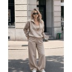 Women's 2 Piece Tracksuit Set, Half Zip Stand Collar Sweatshirt & High Waist Wide Leg Sweatpants, Casual Streetwear Lounge Outfit| Fall Sets