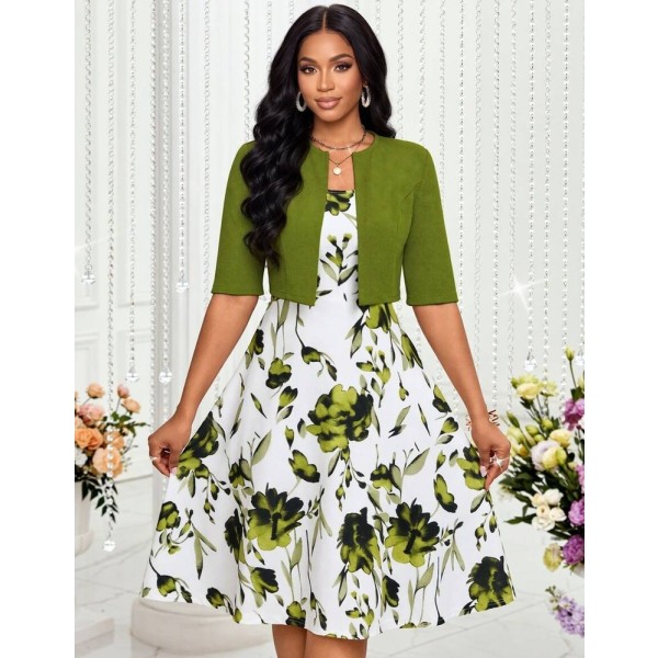 SHEIN Lady Women's Elegant Vintage Solid Color Cropped Top And Floral Print Dress 2-Piece Set, Summer Wedding Brunch Olive Green Green Floral