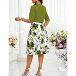 SHEIN Lady Women's Elegant Vintage Solid Color Cropped Top And Floral Print Dress 2-Piece Set, Summer Wedding Brunch Olive Green Green Floral