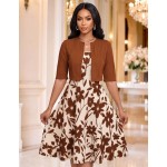 SHEIN Lady Women's Elegant Vintage Solid Color Cropped Top And Floral Print Dress 2-Piece Set, Summer Wedding Brunch Olive Green Green Floral