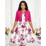 SHEIN Lady Women's Elegant Vintage Solid Color Cropped Top And Floral Print Dress 2-Piece Set, Summer Wedding Brunch Olive Green Green Floral