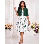 SHEIN Lady Women's Elegant Vintage Solid Color Cropped Top And Floral Print Dress 2-Piece Set, Summer Wedding Brunch Olive Green Green Floral