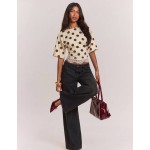SHEIN BAE Women's Round Neck Cinched Waist Lace Patchwork T-Shirt, Pale Yellow Polka Dot Print Pattern, Casual Minimalist Retro Elegant Commute Versatile Warm, Women's Autumn Cloth