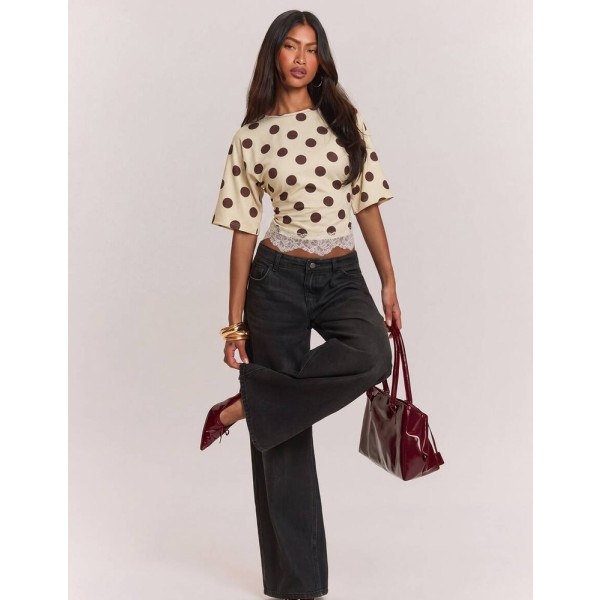 SHEIN BAE Women's Round Neck Cinched Waist Lace Patchwork T-Shirt, Pale Yellow Polka Dot Print Pattern, Casual Minimalist Retro Elegant Commute Versatile Warm, Women's Autumn Cloth