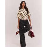 SHEIN BAE Women's Round Neck Cinched Waist Lace Patchwork T-Shirt, Pale Yellow Polka Dot Print Pattern, Casual Minimalist Retro Elegant Commute Versatile Warm, Women's Autumn Cloth