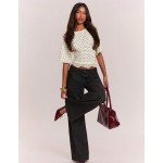 SHEIN BAE Women's Round Neck Cinched Waist Lace Patchwork T-Shirt, Pale Yellow Polka Dot Print Pattern, Casual Minimalist Retro Elegant Commute Versatile Warm, Women's Autumn Cloth