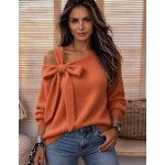 Holdful Holdful Women's Asymmetric Cold Shoulder Knit Sweater, Oversized Romantic Elegant Long Sleeve Jumper With Side Big Bow Decor Brunch Cream White Autumn
