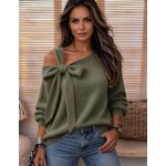 Holdful Holdful Women's Asymmetric Cold Shoulder Knit Sweater, Oversized Romantic Elegant Long Sleeve Jumper With Side Big Bow Decor Brunch Cream White Autumn